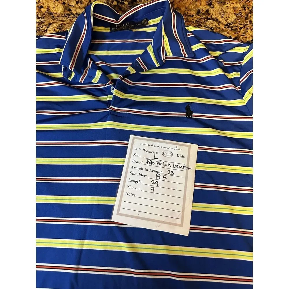 Polo Ralph Lauren Performance Men's Polo Blue Green Striped Shirt‎ Sz L